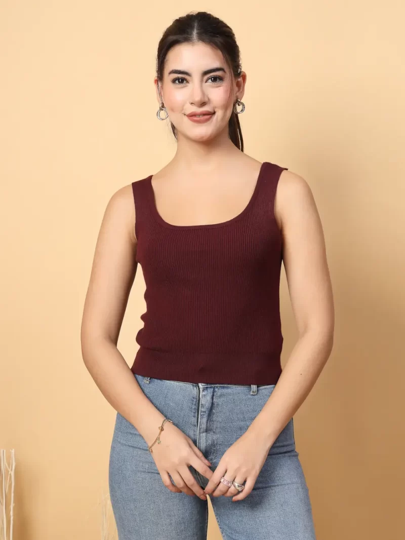 Women High Neck Ribbed Sleeveless Fitted Top