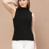 Women High Neck Ribbed Sleeveless Fitted Top
