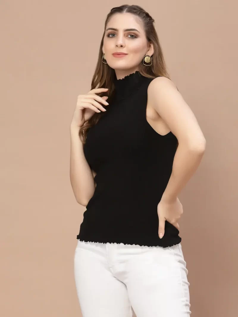 Women High Neck Ribbed Sleeveless Fitted Top