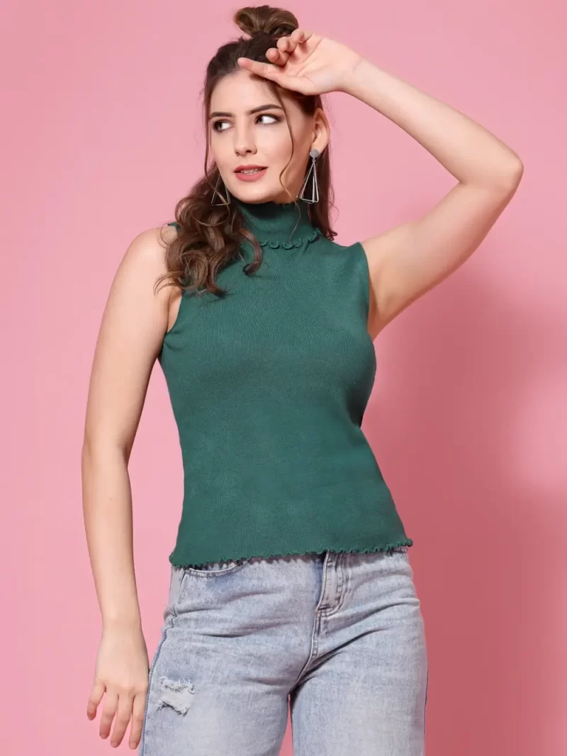 Women High Neck Ribbed Sleeveless Fitted Top