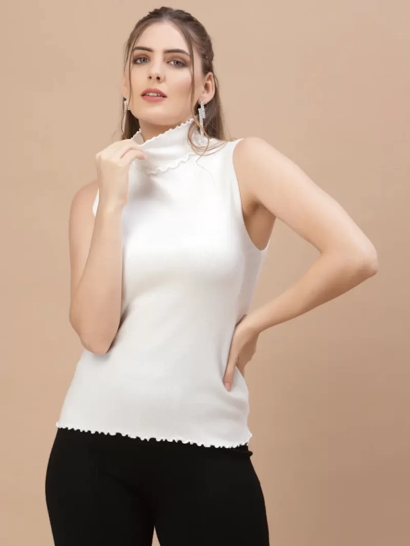 Women High Neck Ribbed Sleeveless Fitted Top
