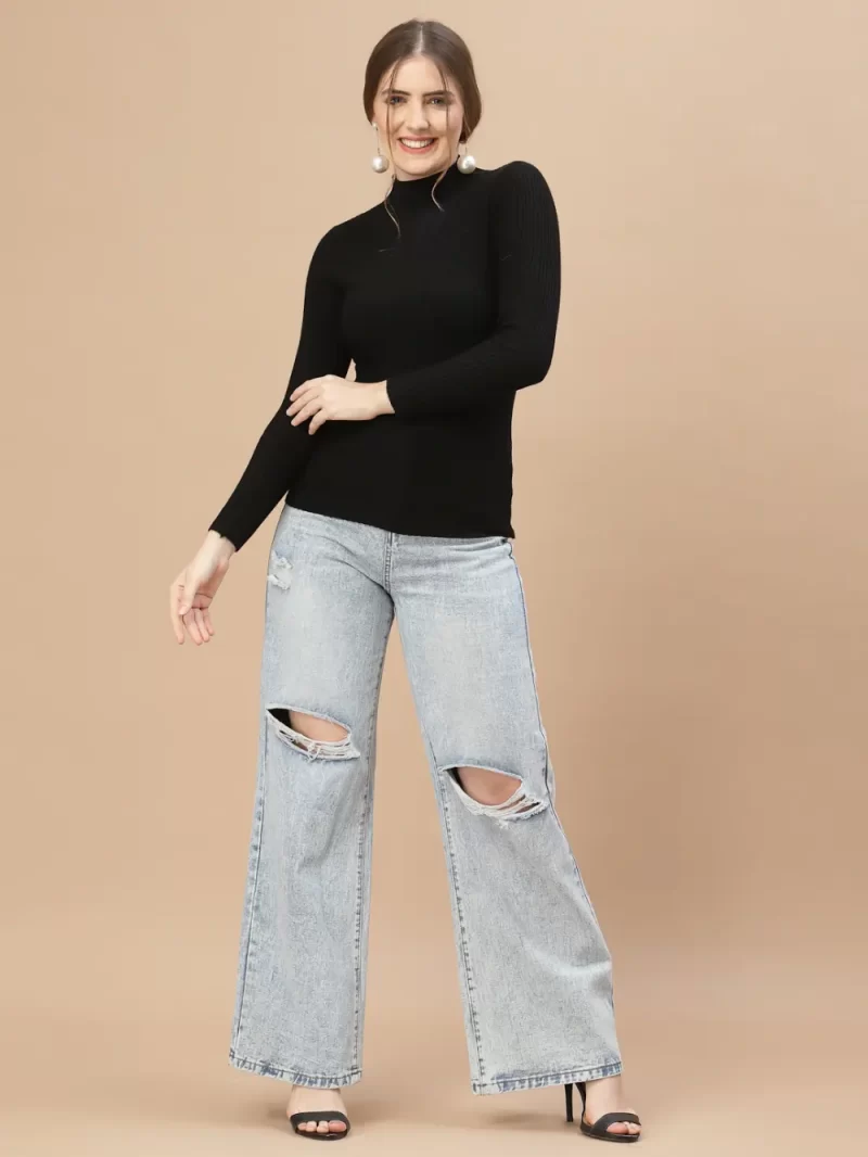 Women Ribbed High Neck Long Sleeves Top