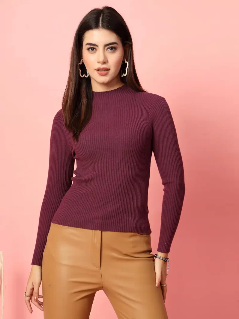 Women Ribbed High Neck Long Sleeves Top