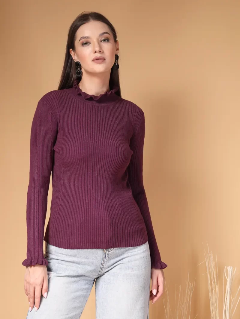 Women Ribbed High Neck Top