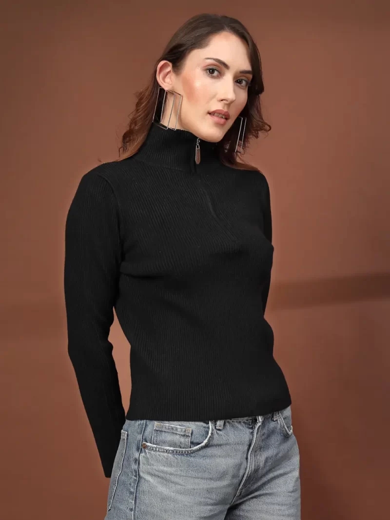 Women Striped Zipper High Neck Top