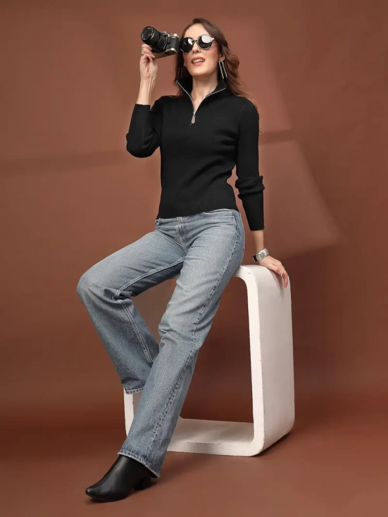 Women Striped Zipper High Neck Top