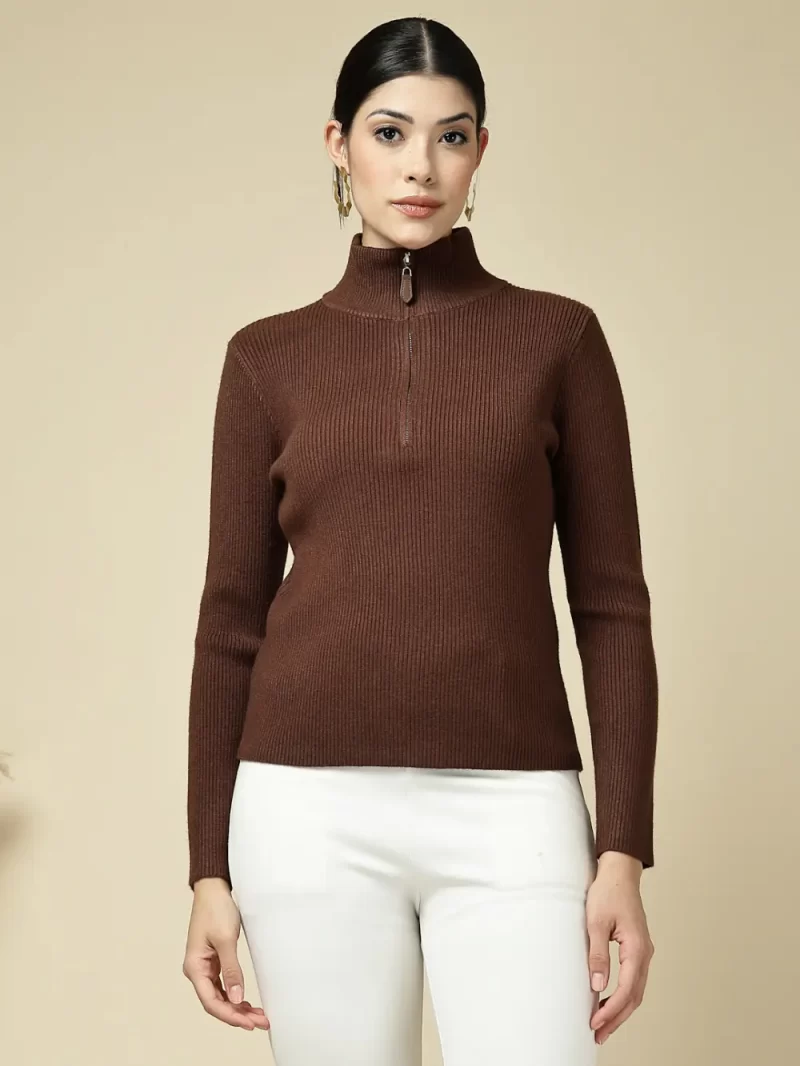 Women Striped Zipper High Neck Top