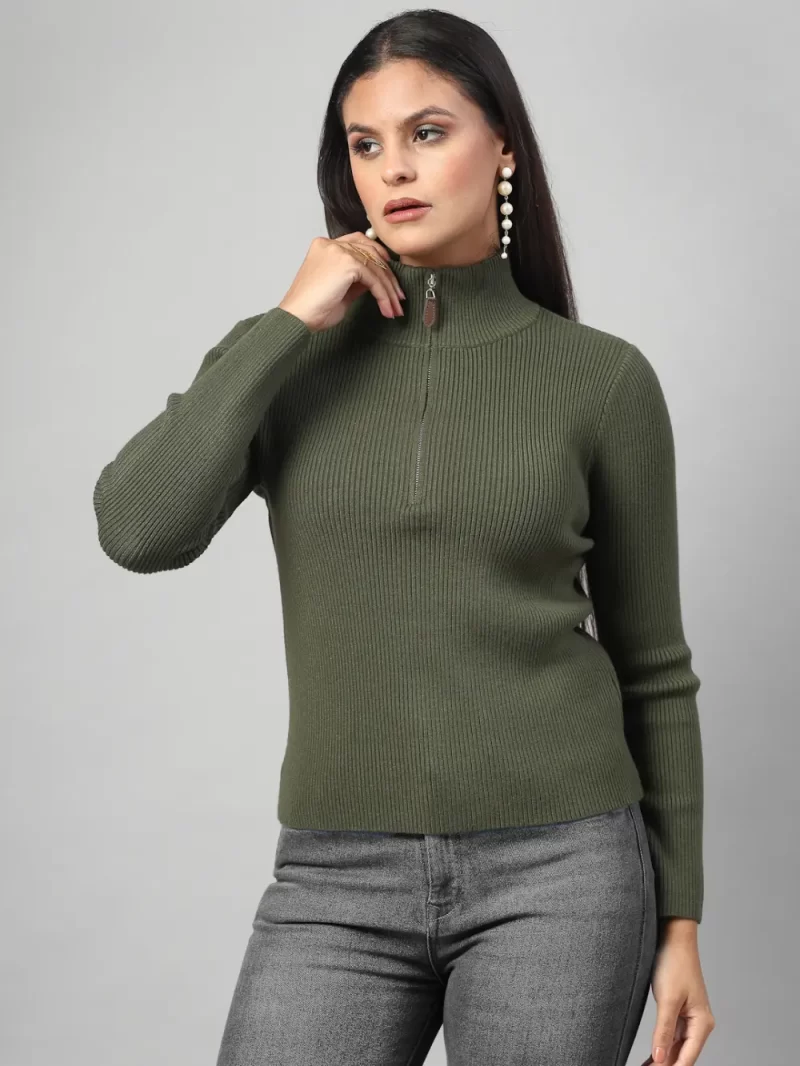 Women Striped Zipper High Neck Top