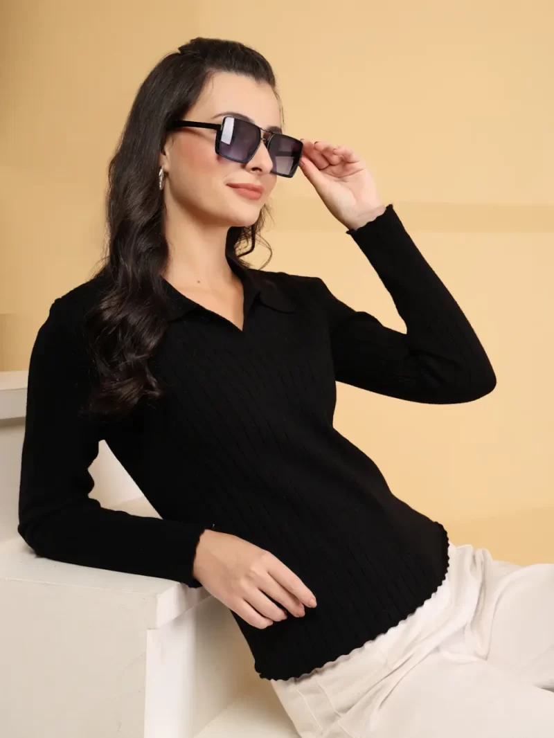 Women V-Neck Knitted Fitted T-Shrit