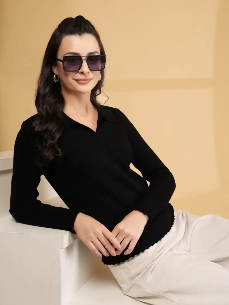 Women V-Neck Knitted Fitted T-Shrit