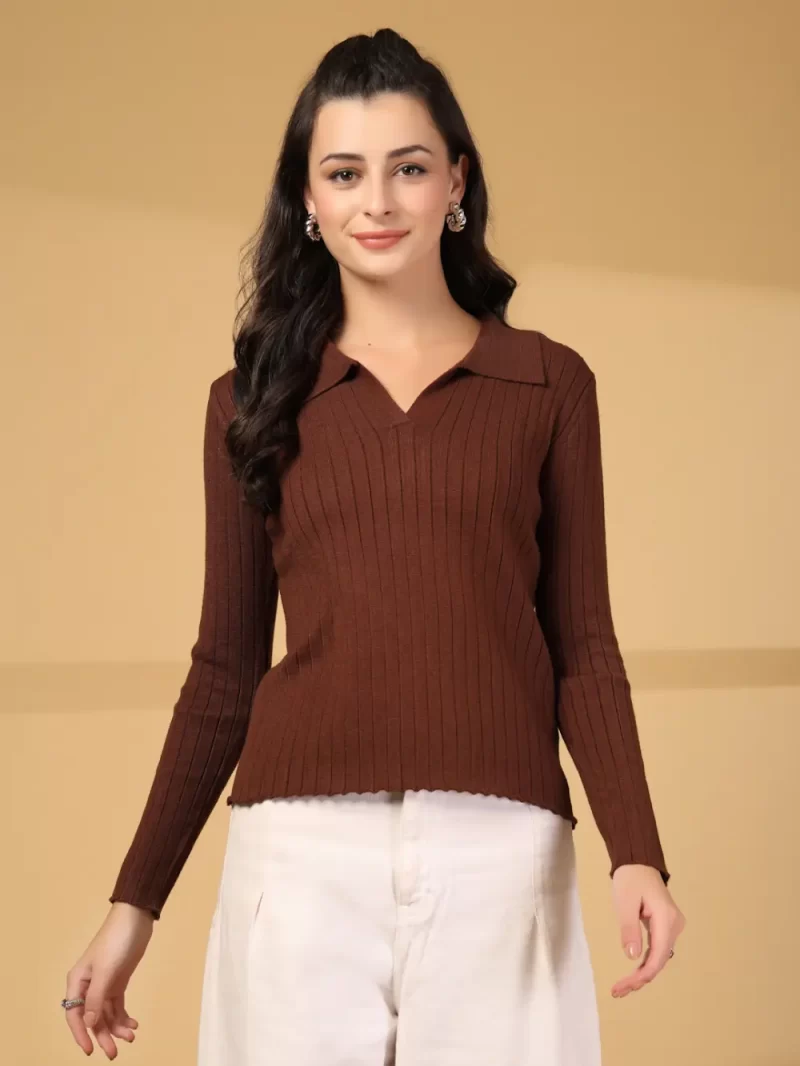 Women V-Neck Knitted Fitted T-Shrit