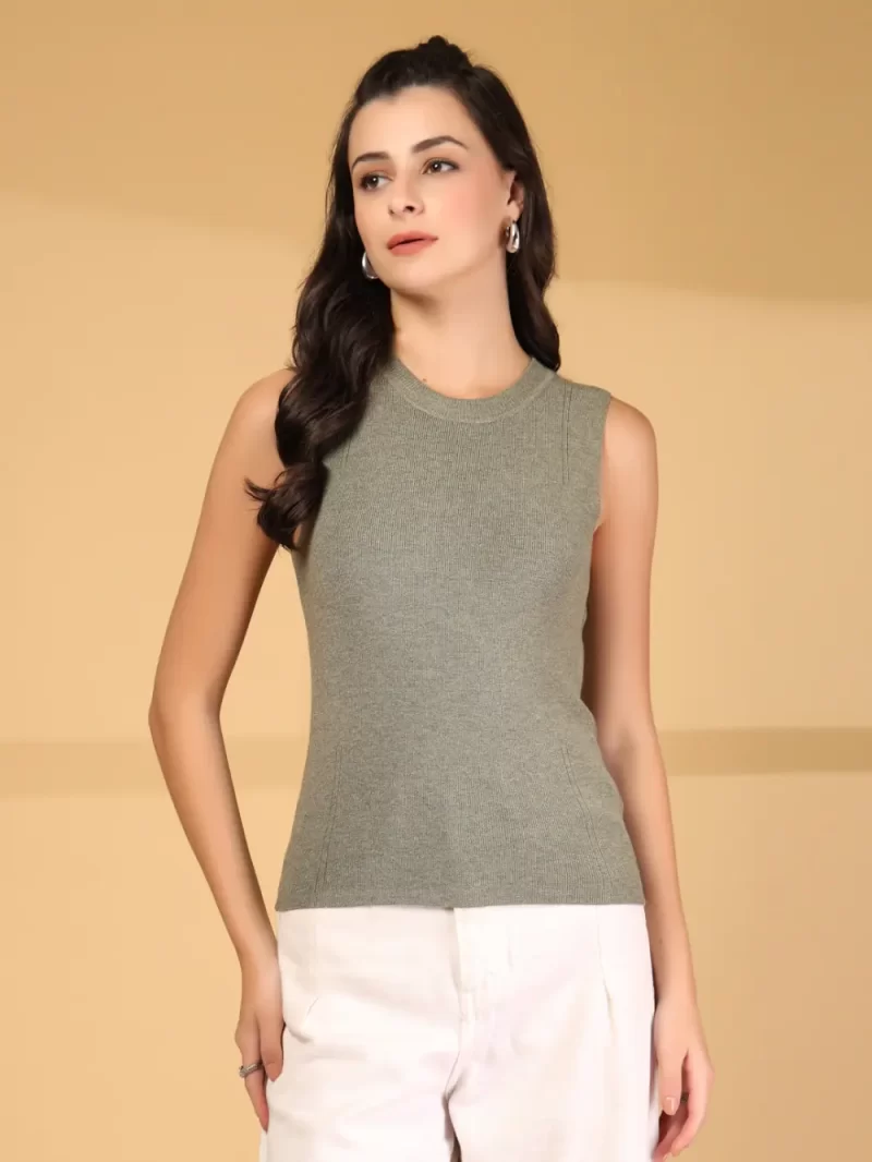 Women Ribbed Round Neck Fitted Casual Top