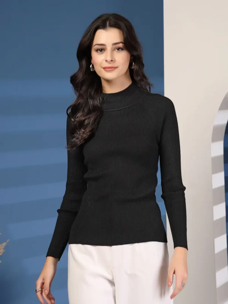 Women Ribbed High Neck Long Sleeves Top