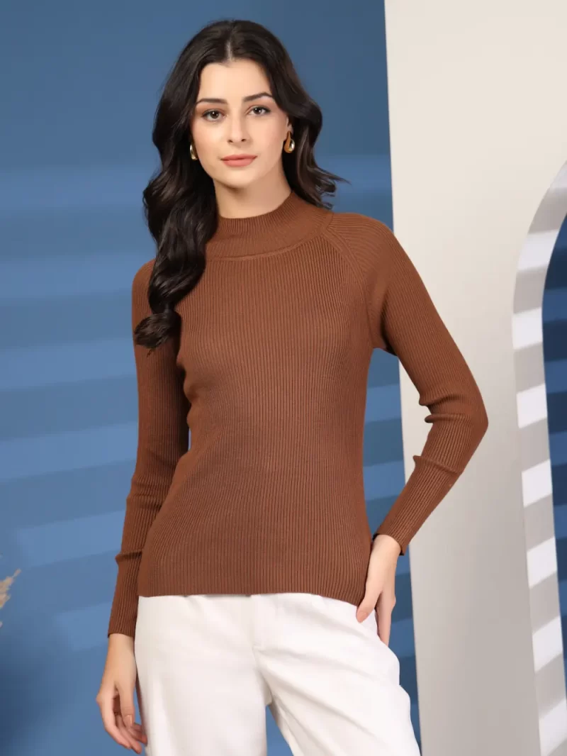 Women Ribbed High Neck Long Sleeves Top