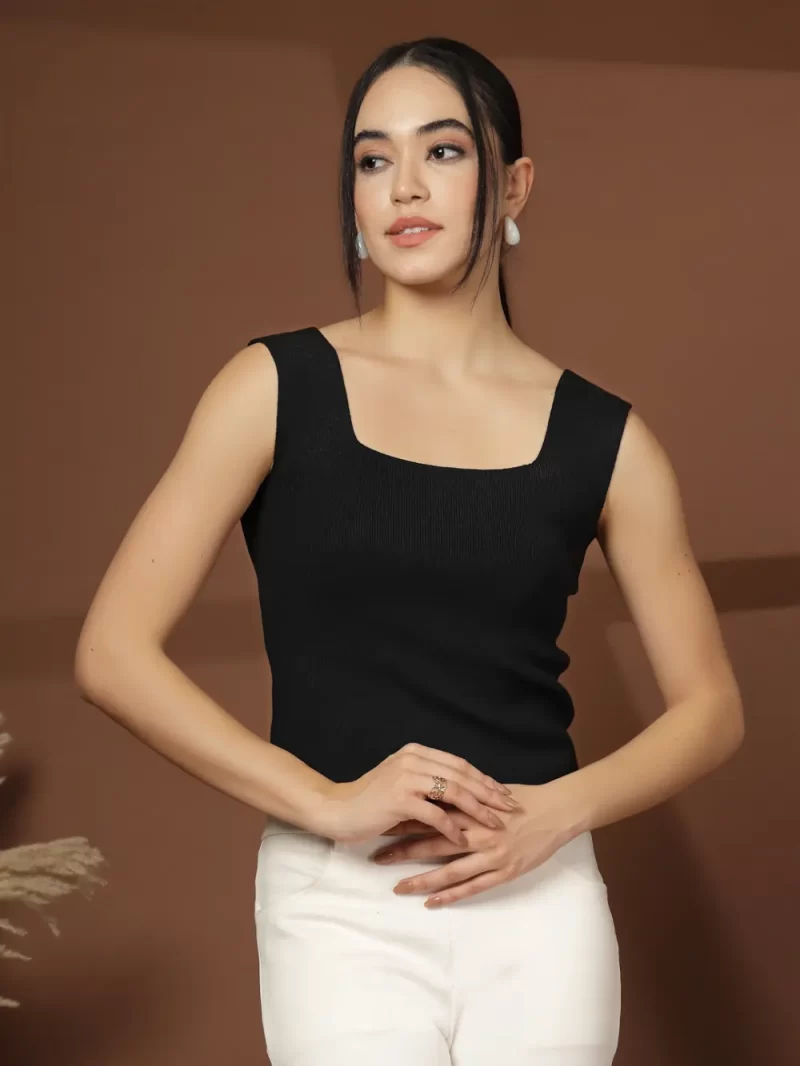 Women Self Design Square Neck Sleeveless Fitted Top