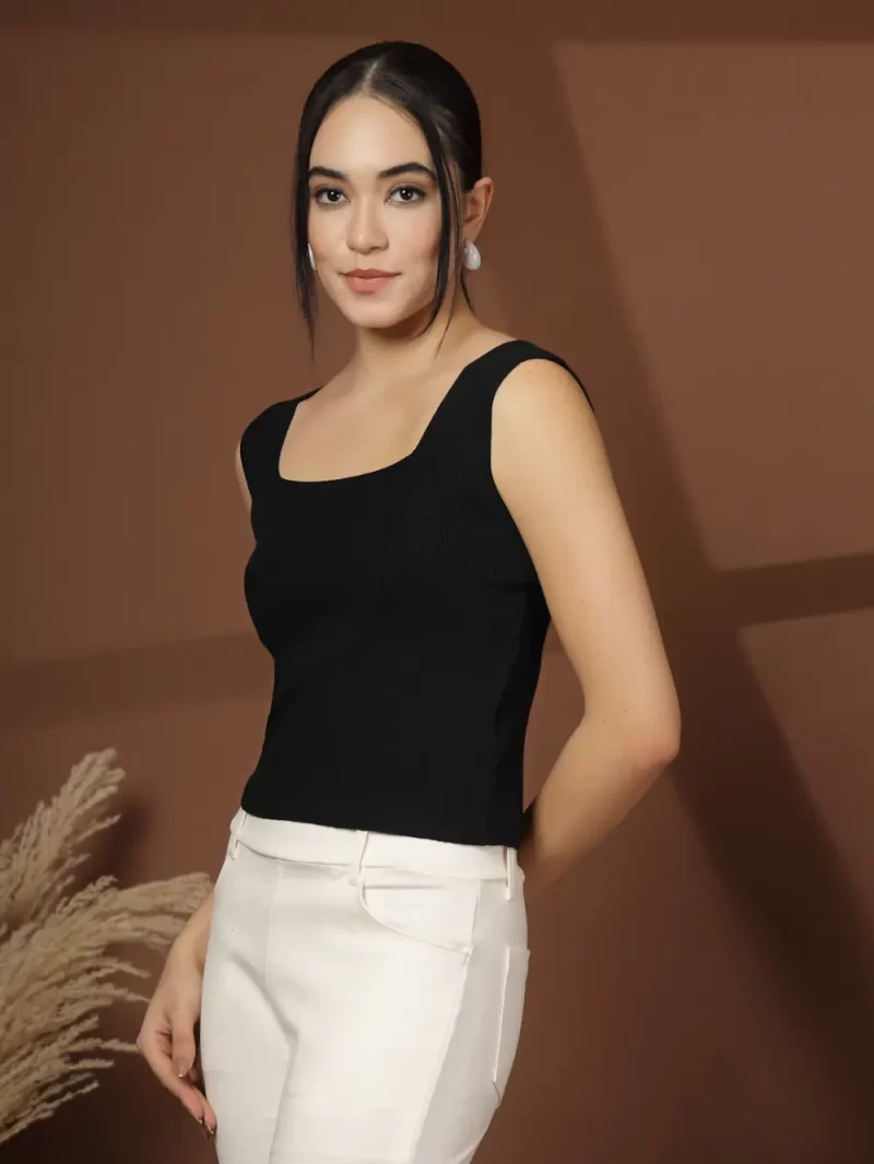 Women Self Design Square Neck Sleeveless Fitted Top