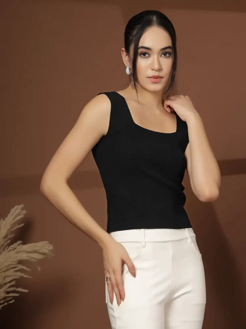 Women Self Design Square Neck Sleeveless Fitted Top