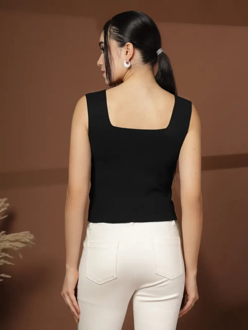 Women Self Design Square Neck Sleeveless Fitted Top