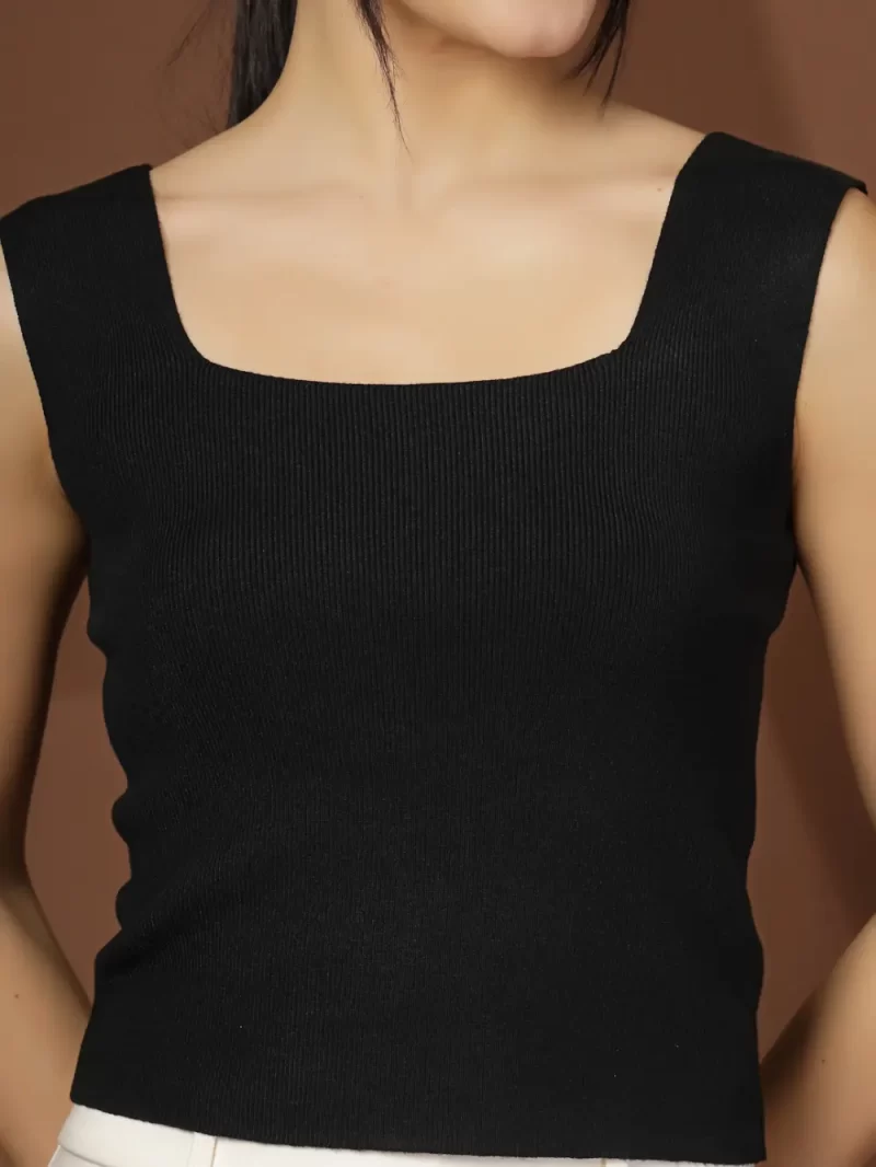 Women Self Design Square Neck Sleeveless Fitted Top
