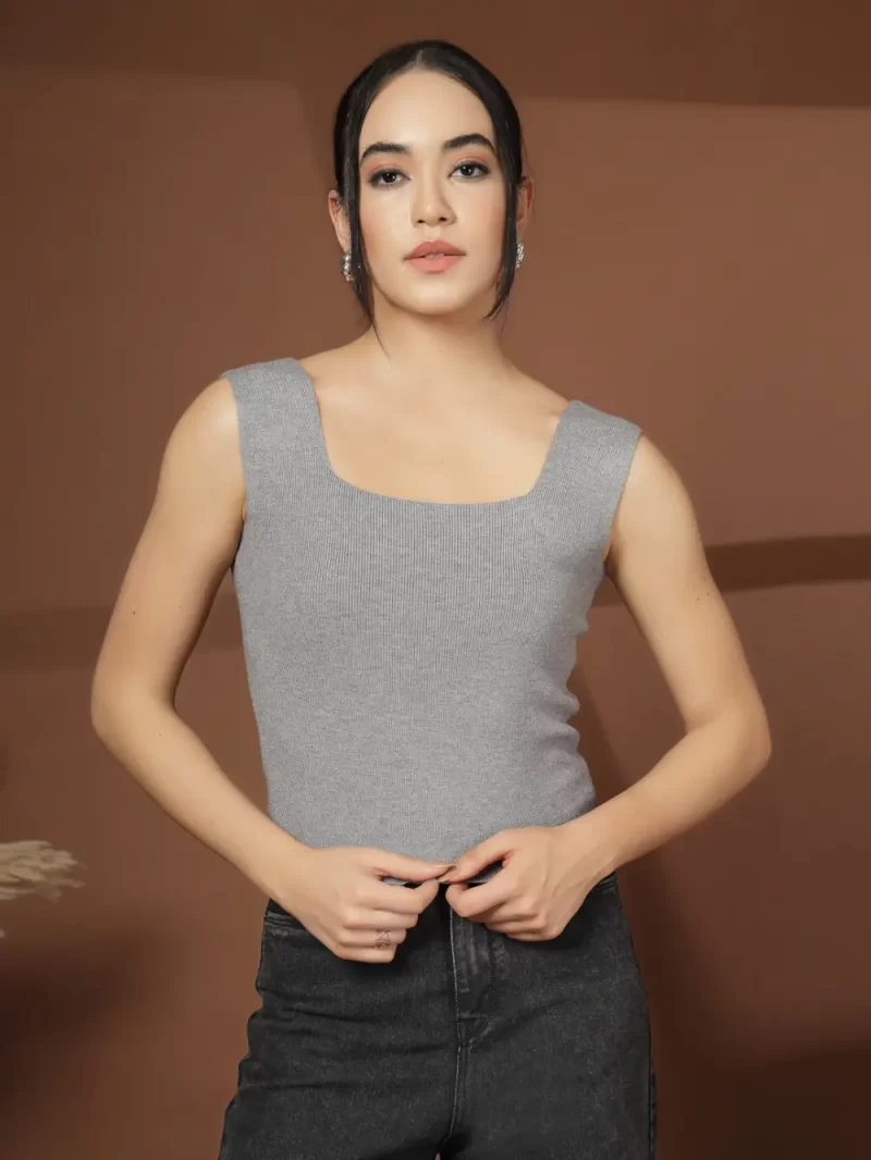Women Self Design Square Neck Sleeveless Fitted Top