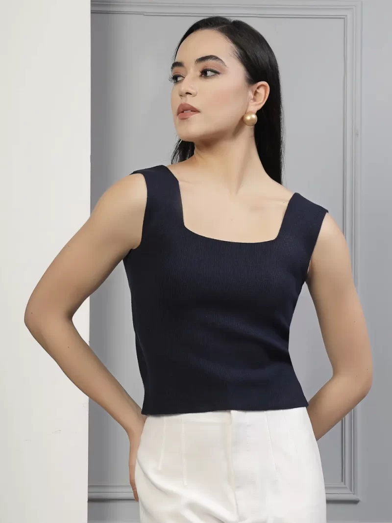 Women Self Design Square Neck Sleeveless Fitted Top
