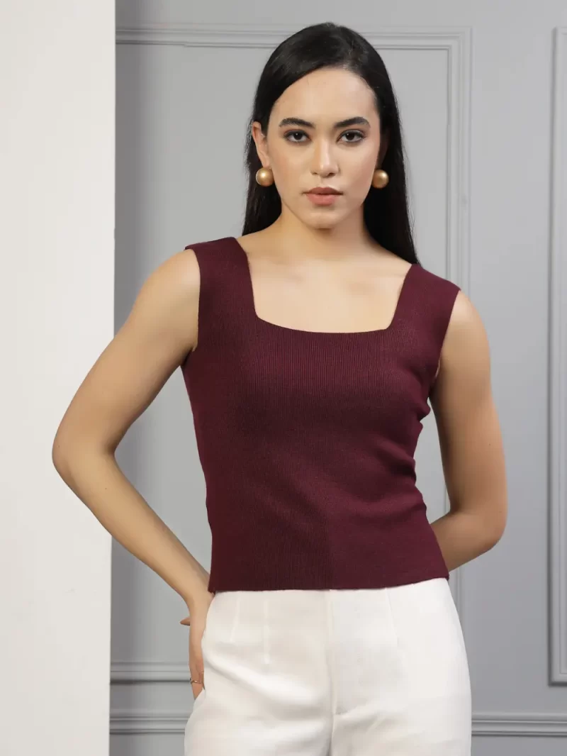 Women Self Design Square Neck Sleeveless Fitted Top