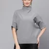 Women Grey Solid High Neck Pullover