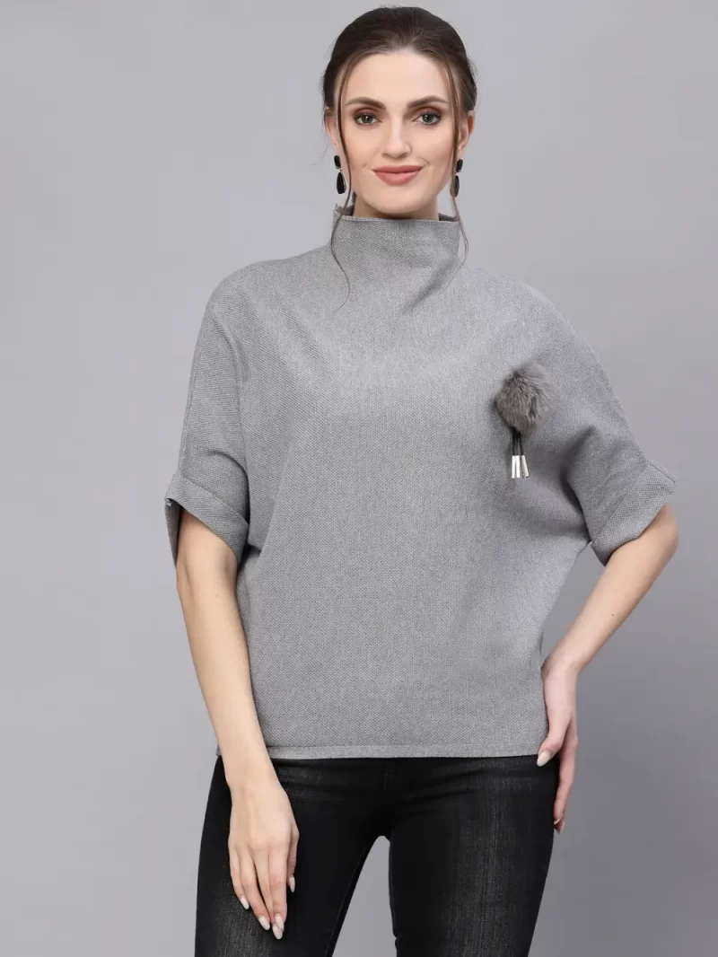 Women Grey Solid High Neck Pullover