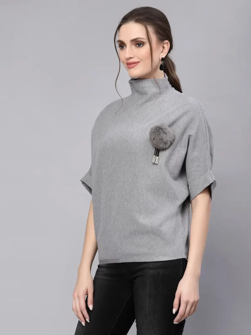Women Grey Solid High Neck Pullover