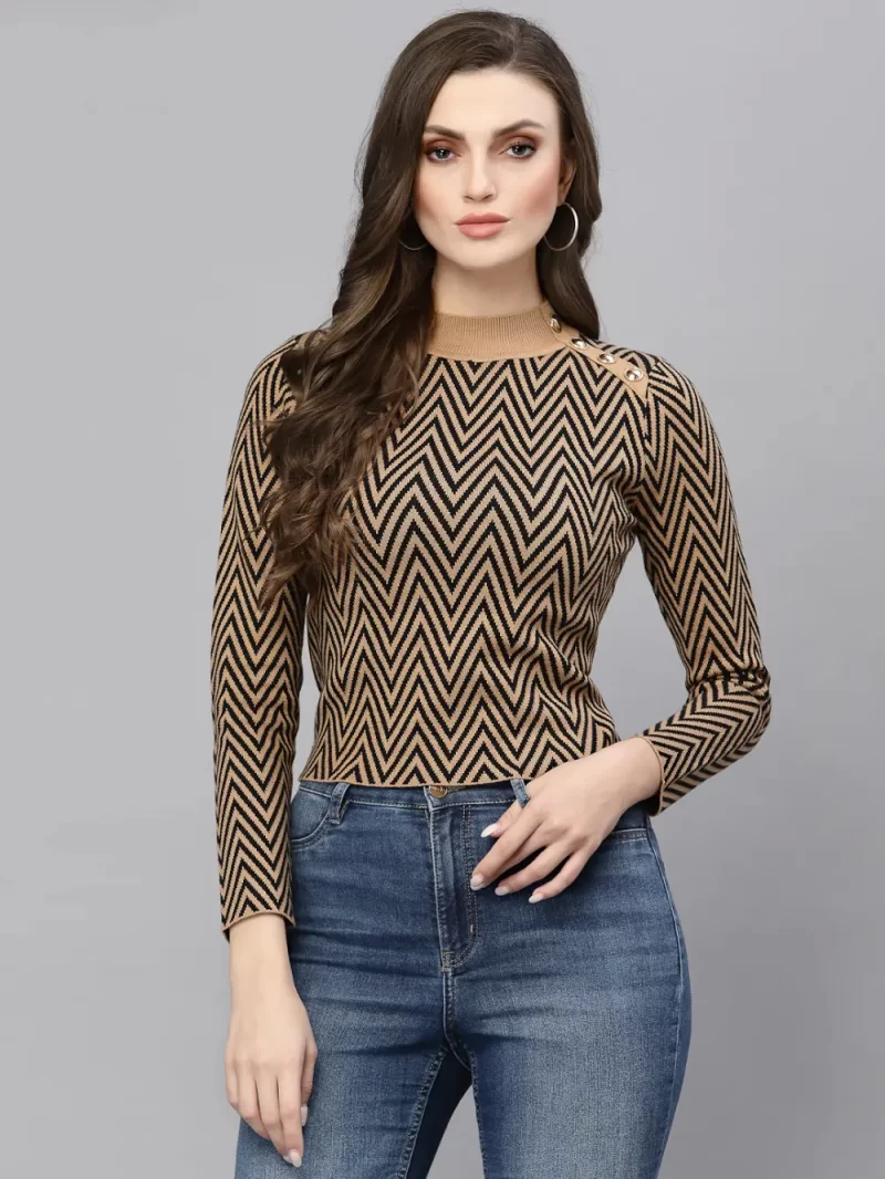 Women Chevron Woven High Neck Top