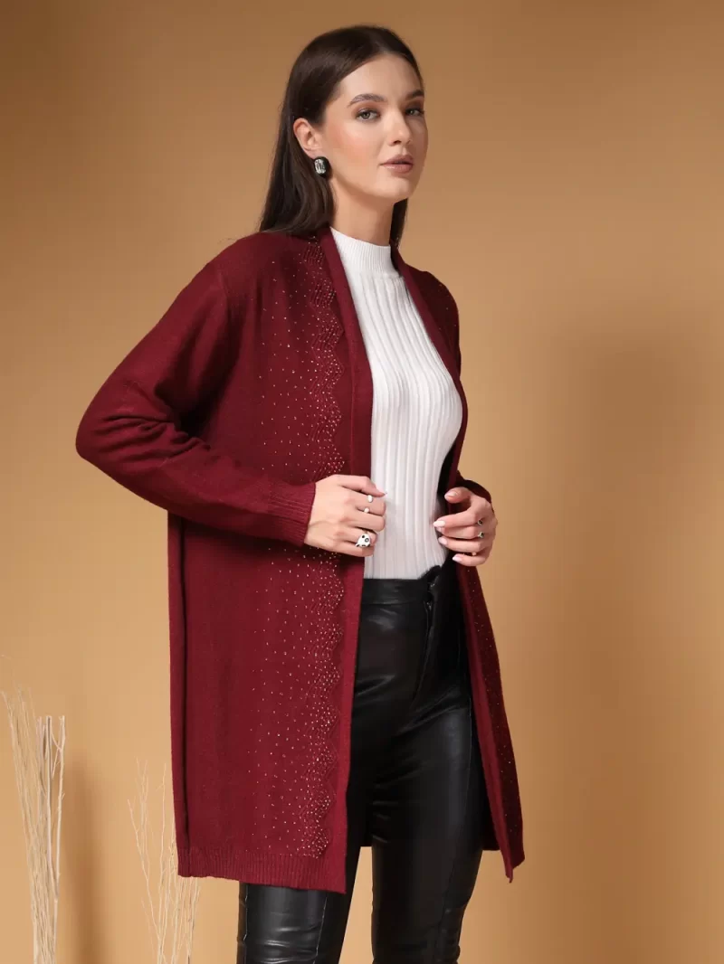 Women Embellished Self Design Front Open Longline Shrug