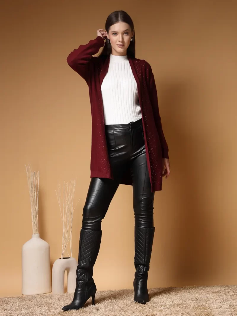 Women Embellished Self Design Front Open Longline Shrug