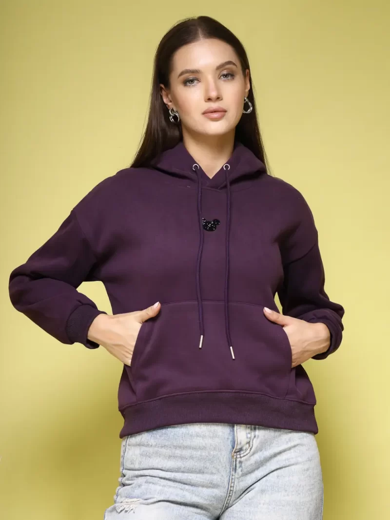 Women Solid Hood Pullover Sweatshirt