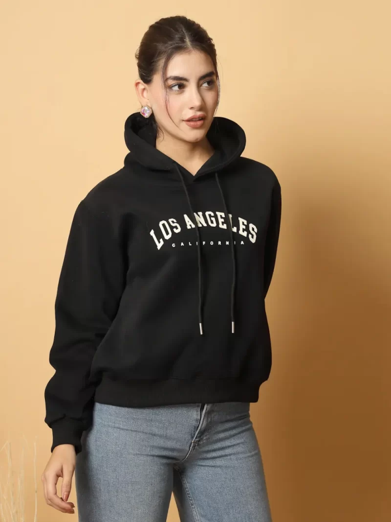 Women Black & White Typography Printed Hooded Pullover