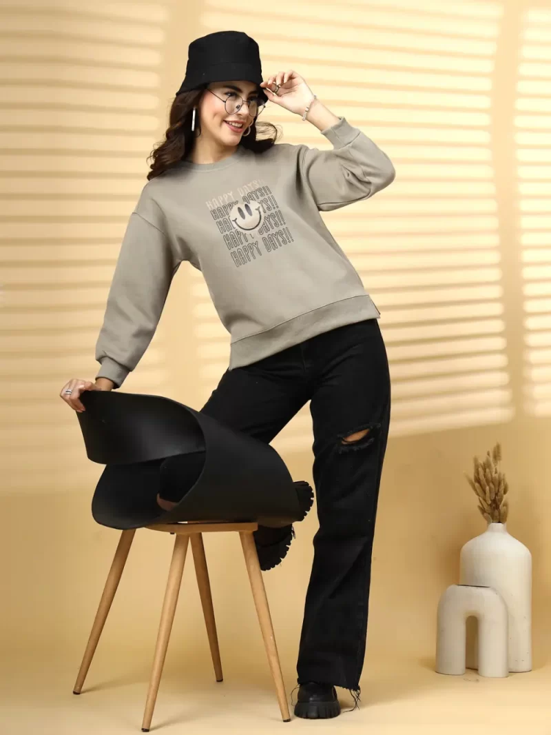 Women Typography Printed Round Neck Pullover Sweatshirt