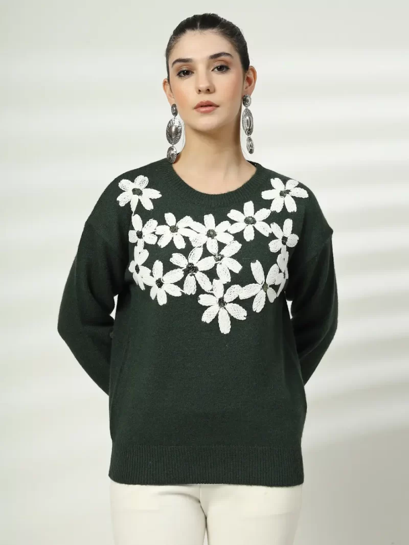 Women Floral Woollen Top With Embroidered