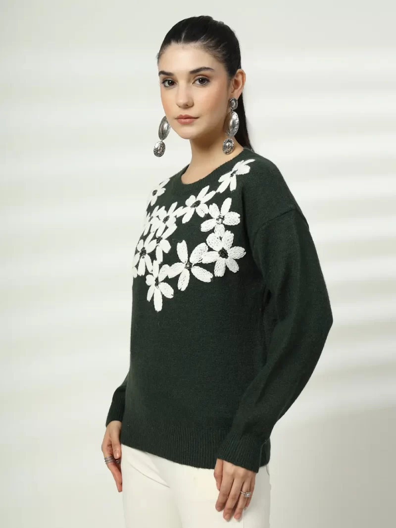 Women Floral Woollen Top With Embroidered