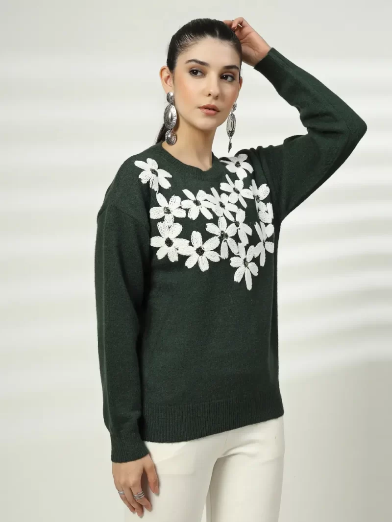 Women Floral Woollen Top With Embroidered