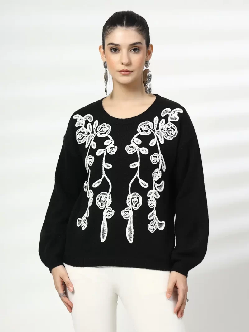 Women Floral Woollen Top With Embroidered