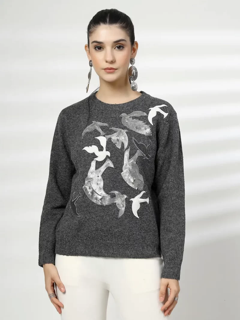 Women Ribbed Printed Round Necktop