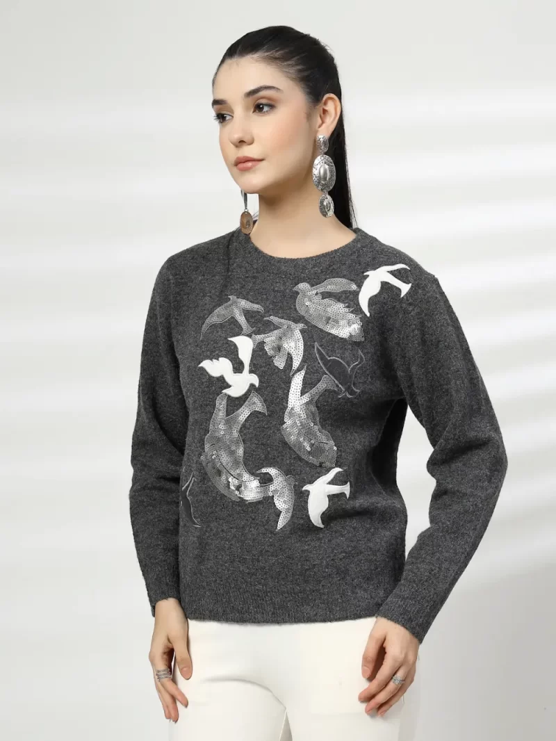Women Ribbed Printed Round Necktop