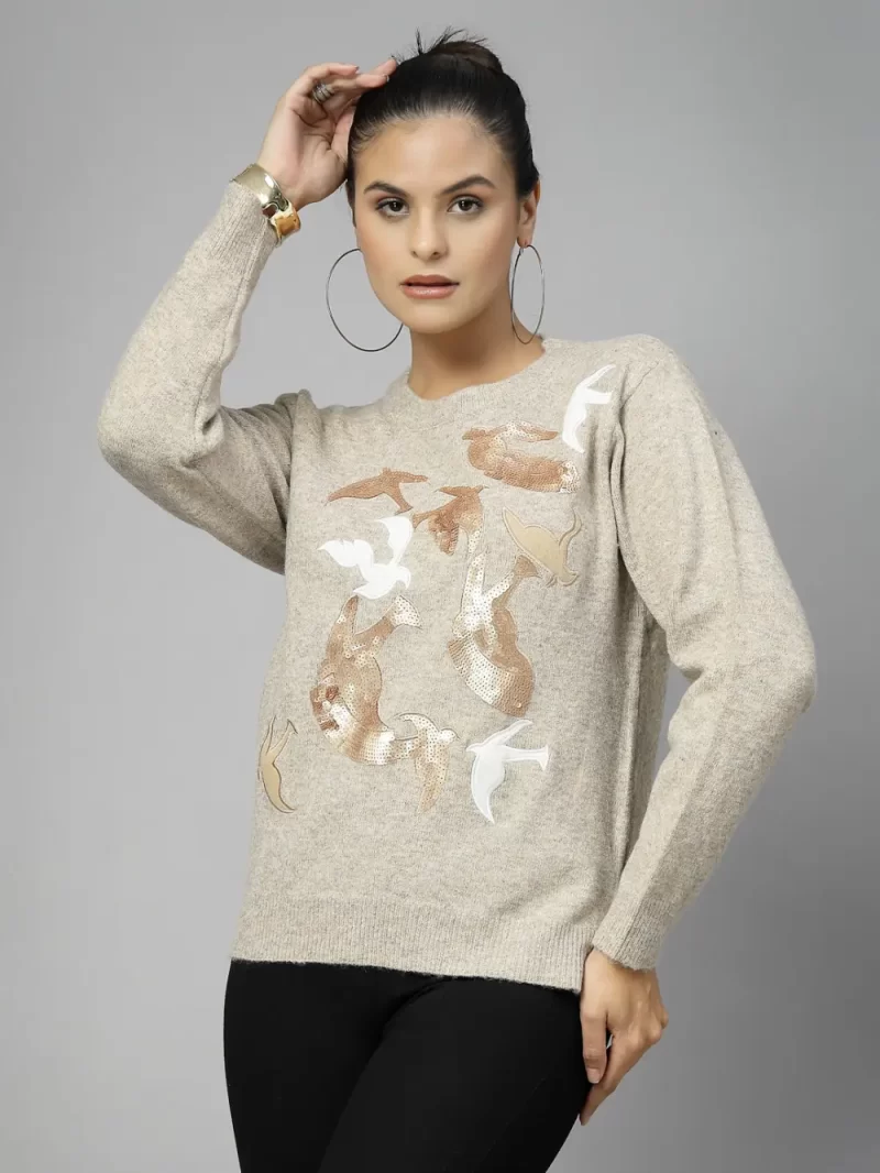 Women Ribbed Printed Round Necktop