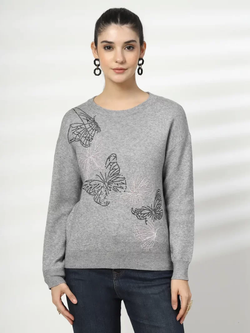 Women Graphic Printed Round Neck Fleece Pullover Ribbed Sweatshirt