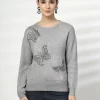 Women Graphic Printed Round Neck Fleece Pullover Ribbed Sweatshirt