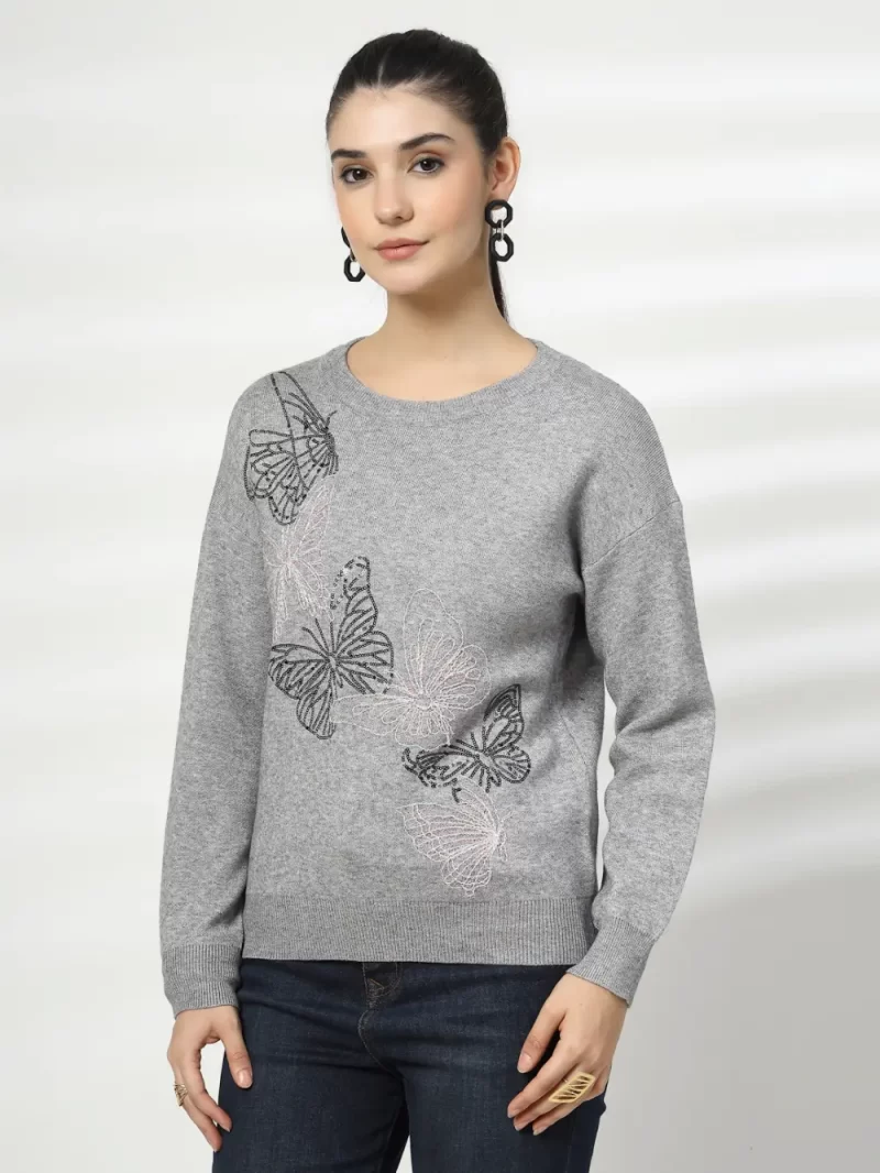 Women Graphic Printed Round Neck Fleece Pullover Ribbed Sweatshirt