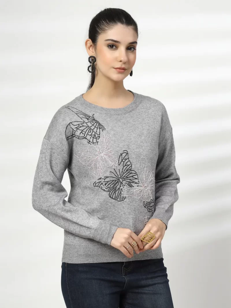 Women Graphic Printed Round Neck Fleece Pullover Ribbed Sweatshirt