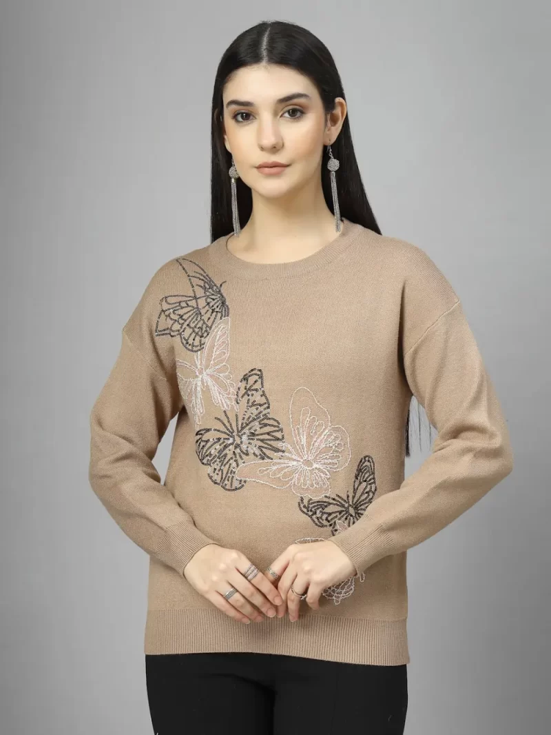 Women Graphic Printed Round Neck Fleece Pullover Ribbed Sweatshirt