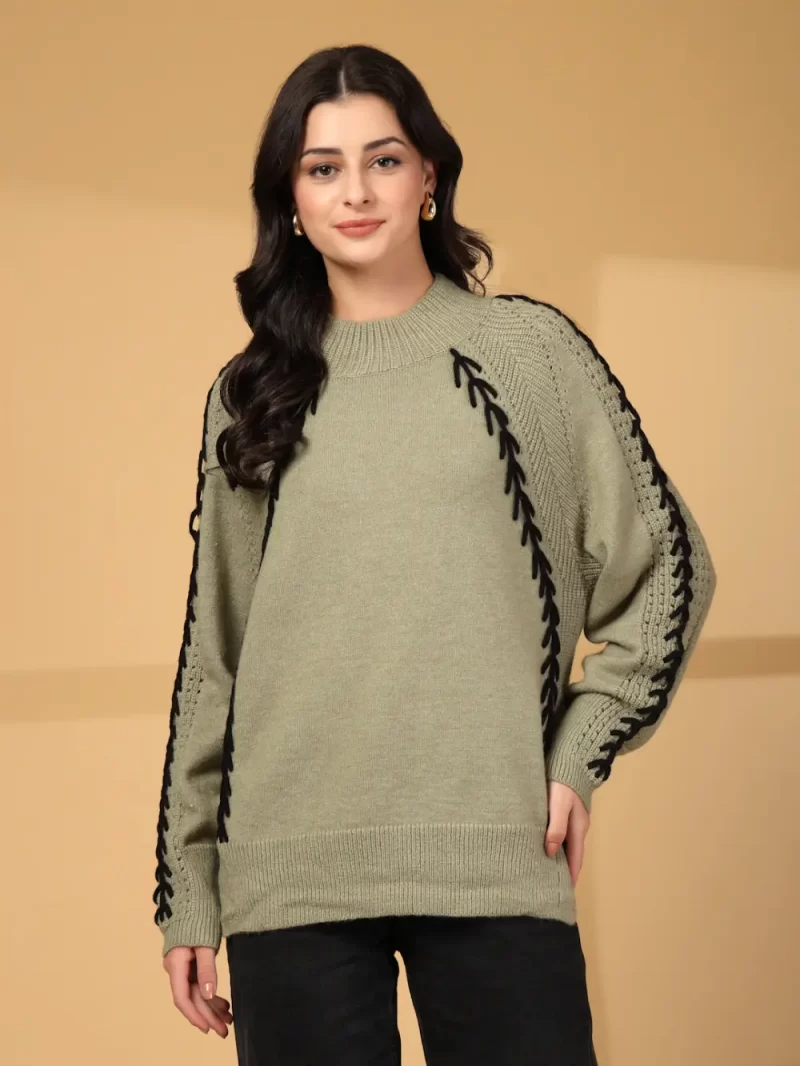 Women Cable Knit Longline Pullover With Embroidered Detail