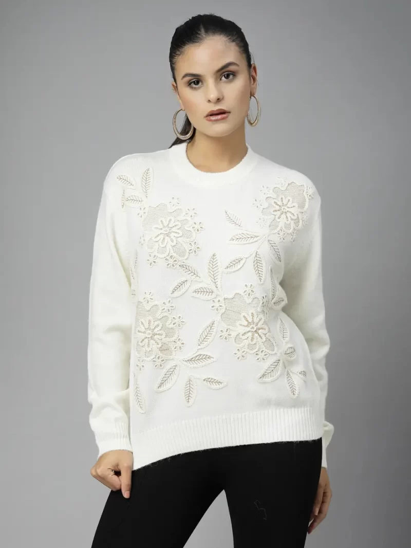 Apricot Solid Embroidered Top ,Has A Round Neck, Long Sleeves, Ribbed Hem