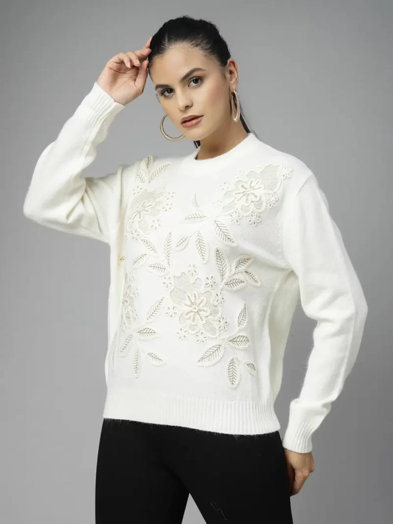 Apricot Solid Embroidered Top ,Has A Round Neck, Long Sleeves, Ribbed Hem